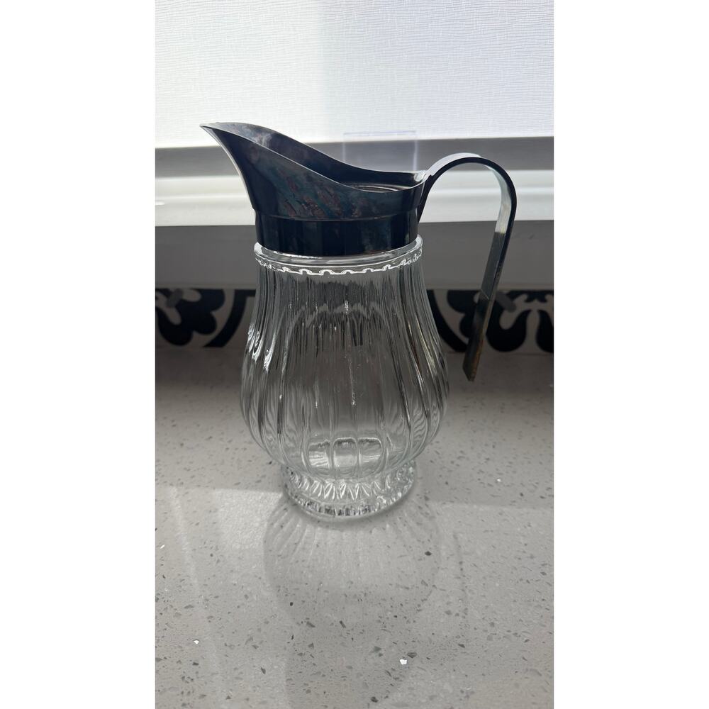 Vintage Ribbed Glass Pitcher Silver-Plated Handle, Italian Mid-Century Bar Decor - Picture 3 of 7